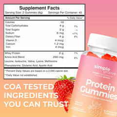 Close-up of whey protein gummy showing 1g protein per gummy.