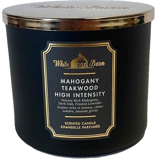 White Barn Candle Company Mahogany Teakwood 3-Wick candle, 14.5 oz, Essential Oils, High Intensity, Black