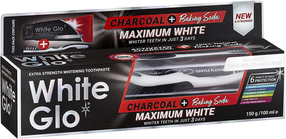 White Glo Charcoal + Baking Soda toothpaste packaging 150g