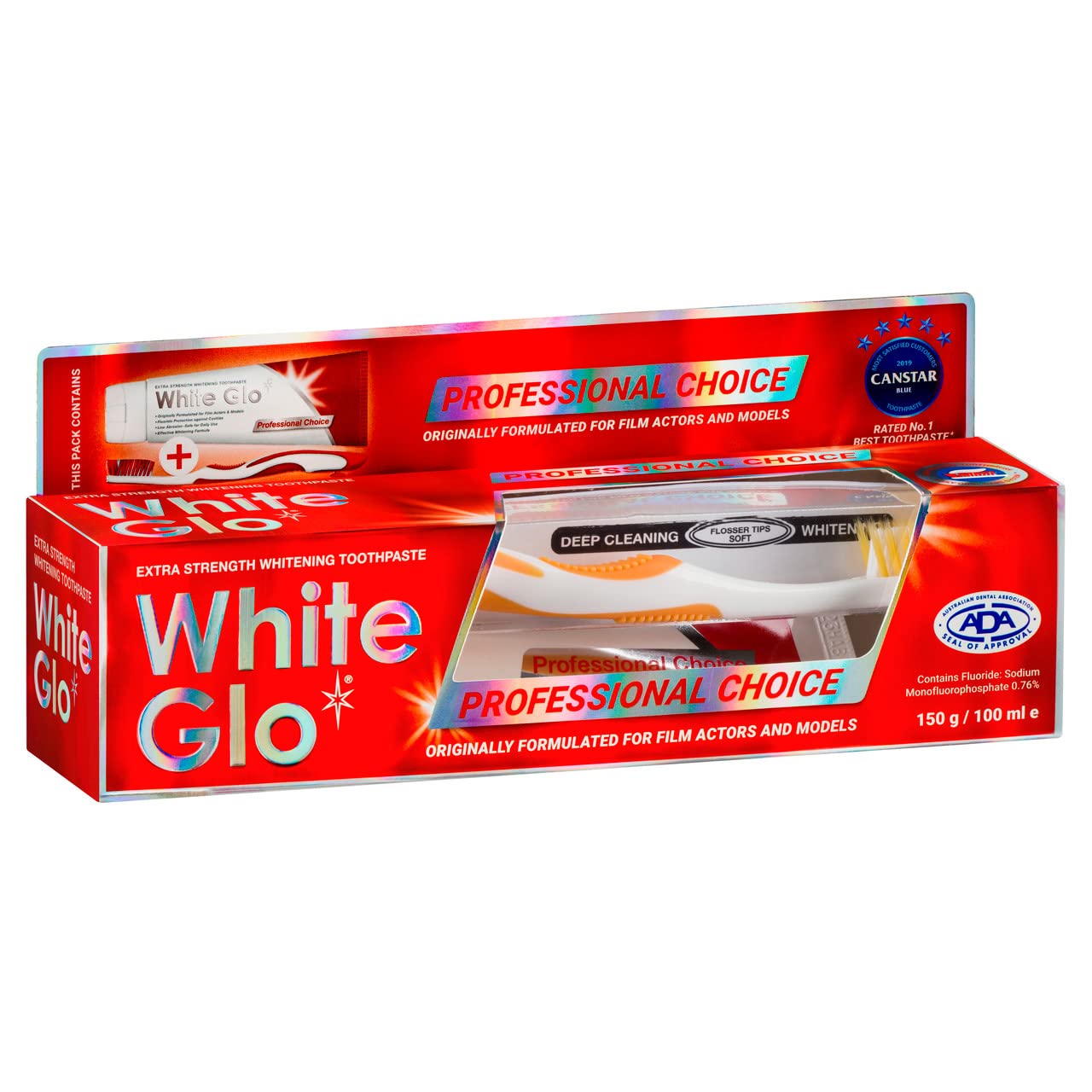 Smiling actor/model using White Glo toothpaste for whitening