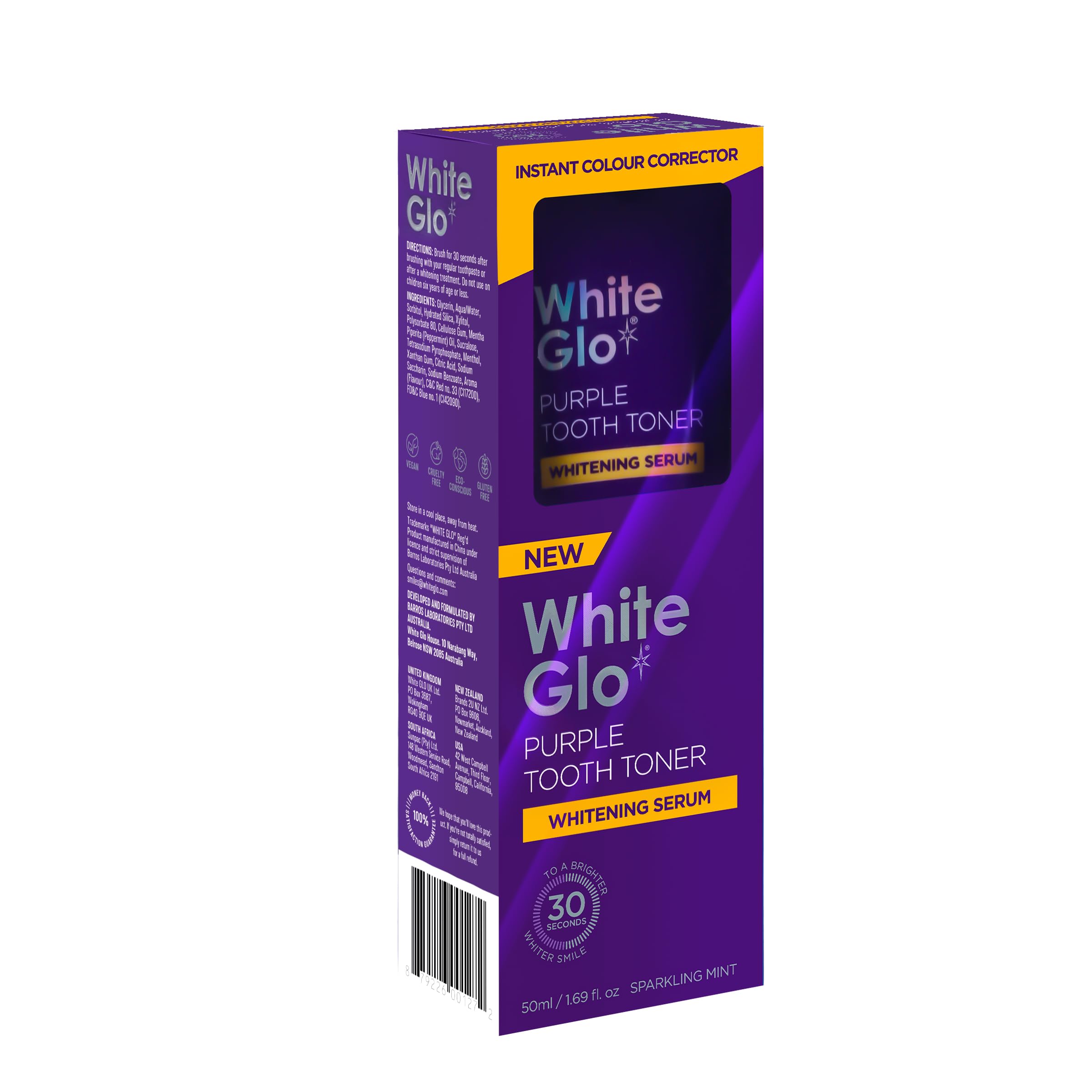 White Glo Purple Tooth Toner Whitening Serum bottle with purple color correctors