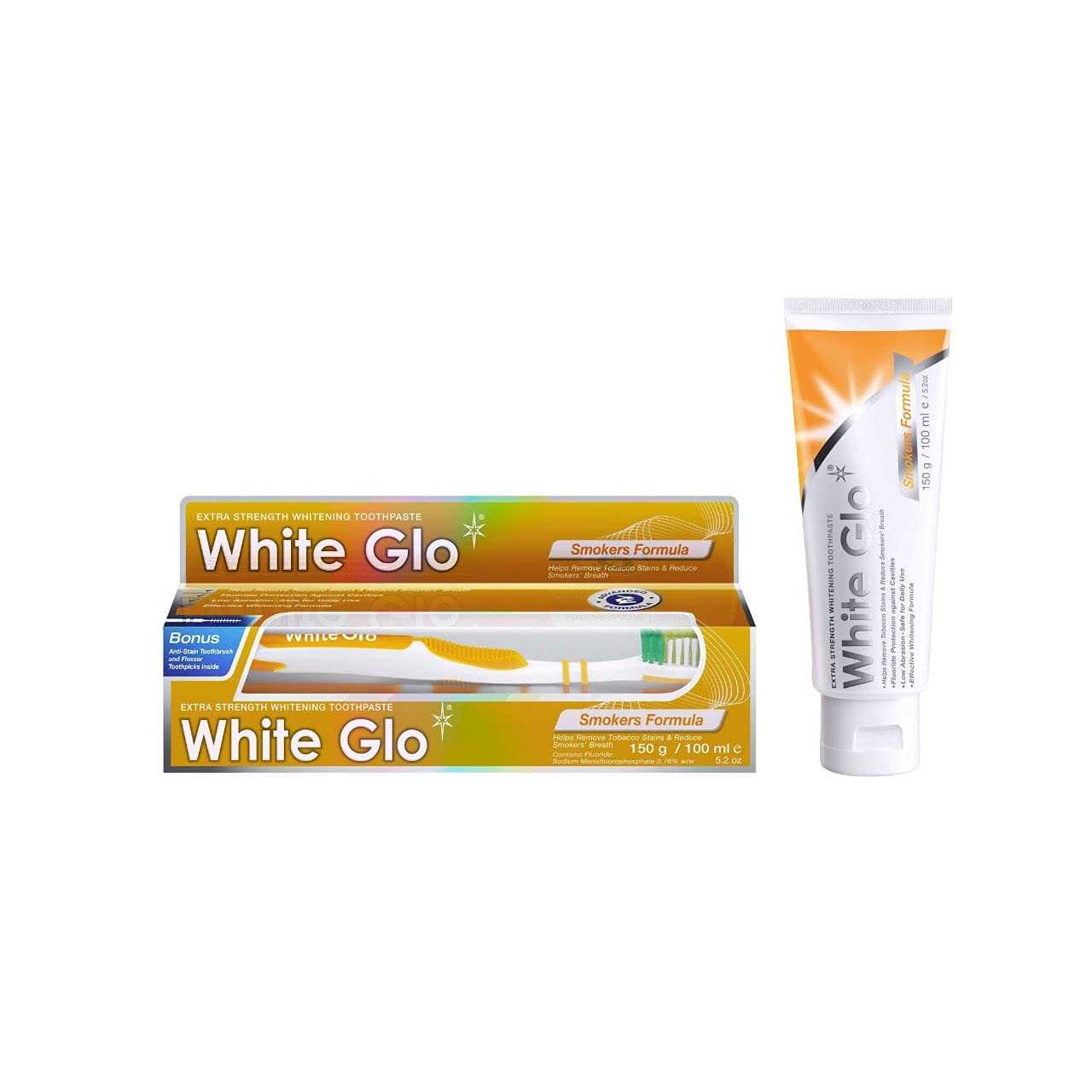 Close-up view of White Glo Smokers Formula whitening toothpaste tube