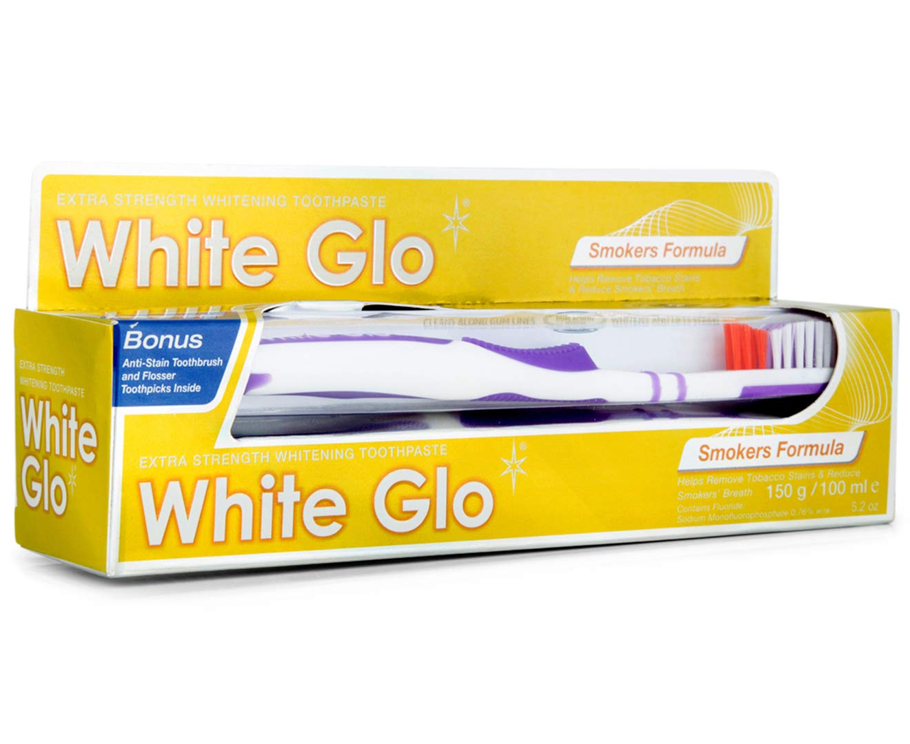 Packaging and 100ml toothpaste tube of White Glo Smokers Formula Whitening Toothpaste