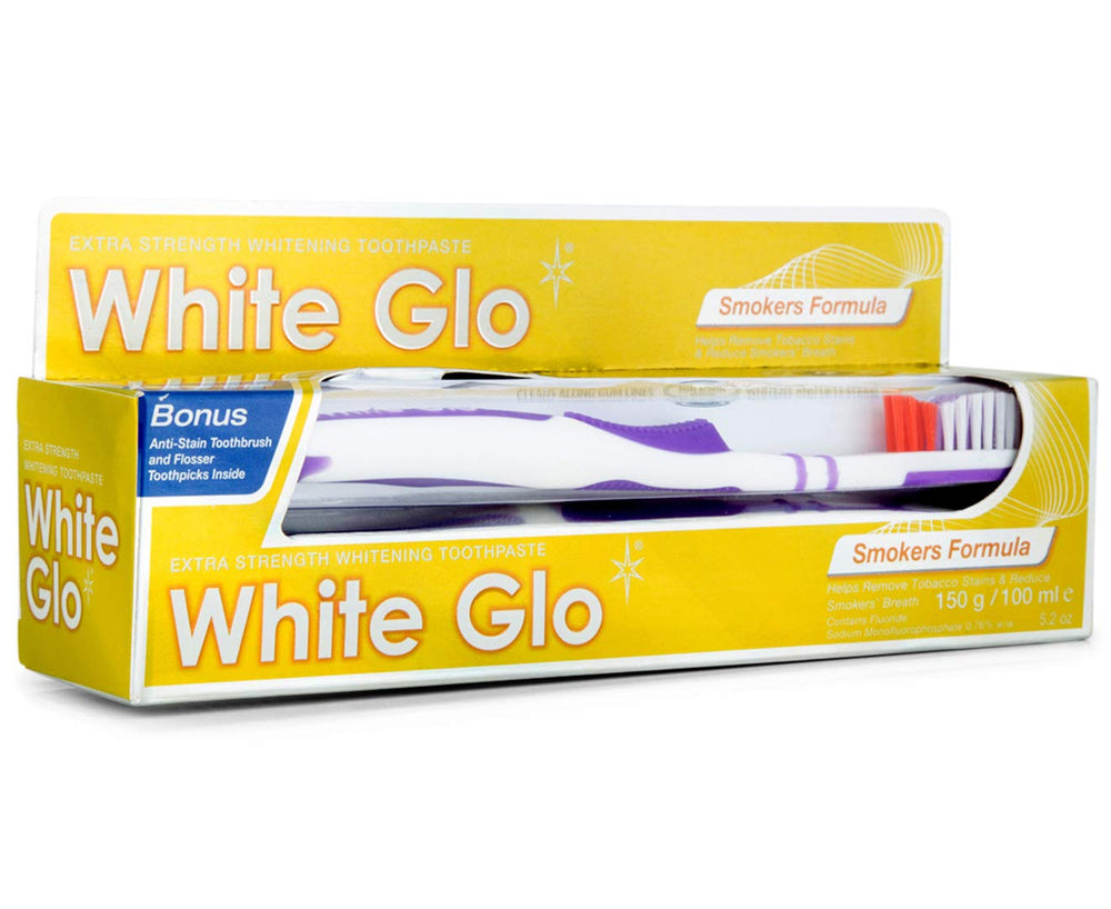 Packaging and 100ml toothpaste tube of White Glo Smokers Formula Whitening Toothpaste