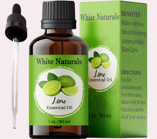 White Naturals Lime Essential Oil in an amber glass bottle (1oz)
