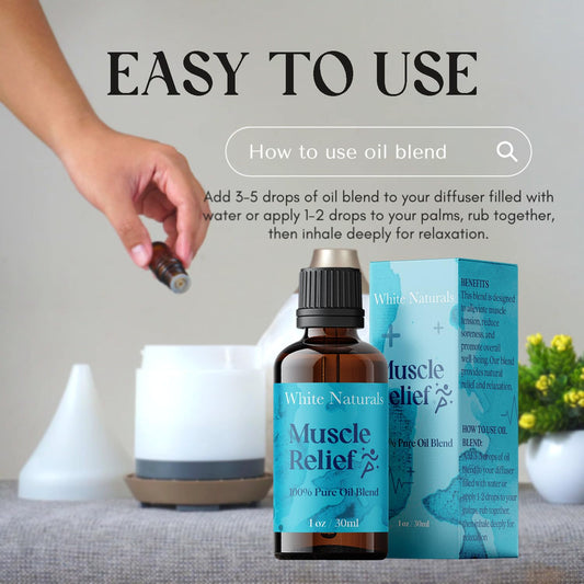 Diffuser releasing aroma from White Naturals Muscle Relief essential oil blend