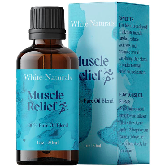 Amber glass bottle of White Naturals Muscle Relief Essential Oil Blend, 1oz