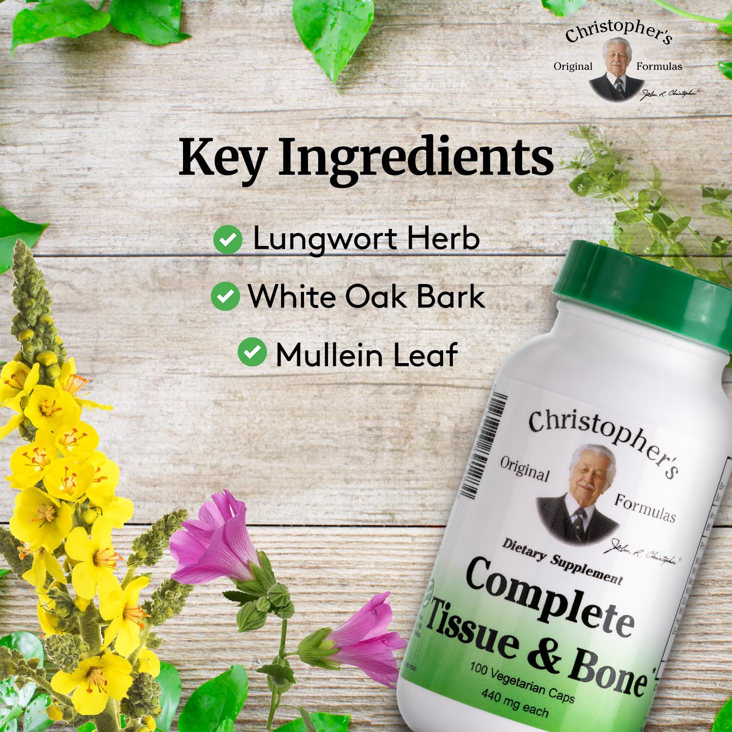 Herbal ingredients: White Oak Bark, Slippery Elm, and Mullein Leaf