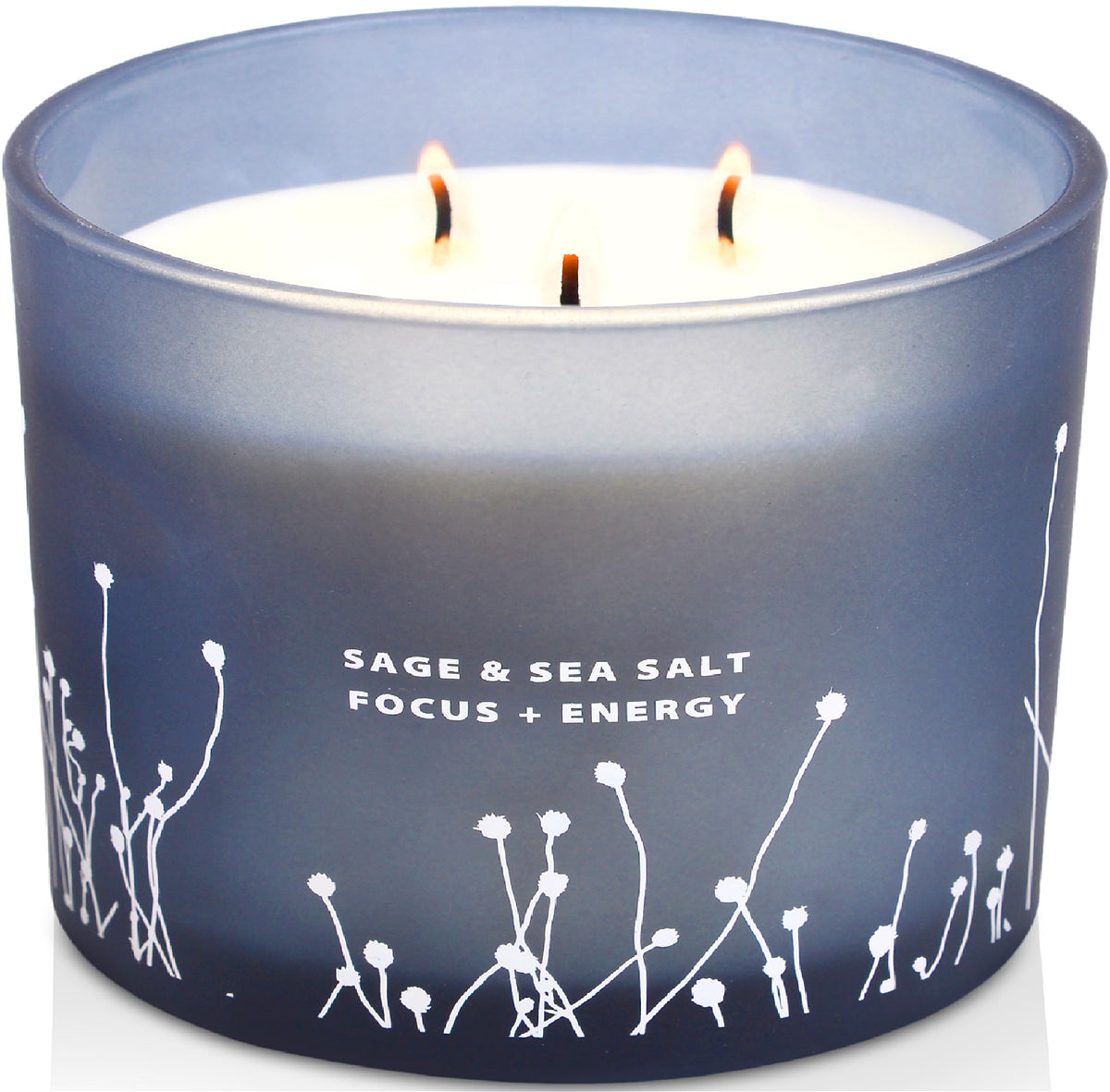 White Sage Sea Salt candle in a 14.5 oz blue glass jar with wood lid