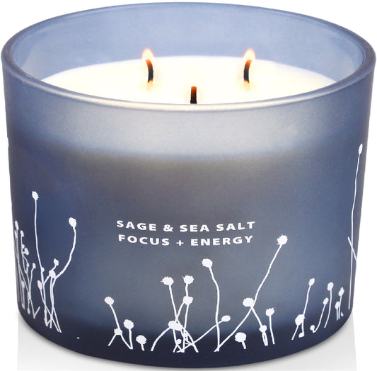 White Sage Sea Salt candle in a 14.5 oz blue glass jar with wood lid
