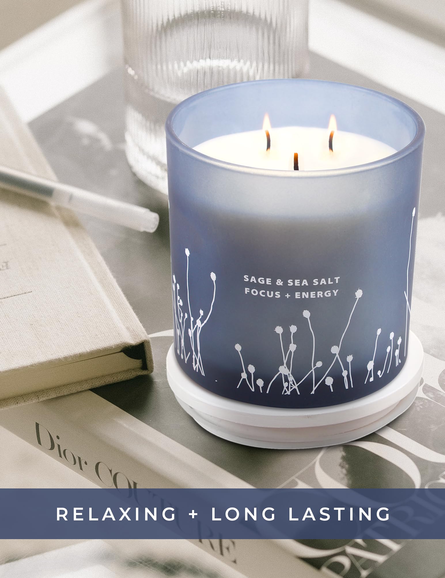 Blue-design jar of White Sage Sea Salt candle