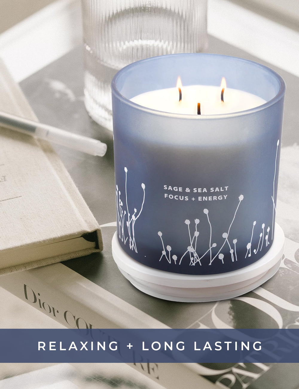 Blue-design jar of White Sage Sea Salt candle
