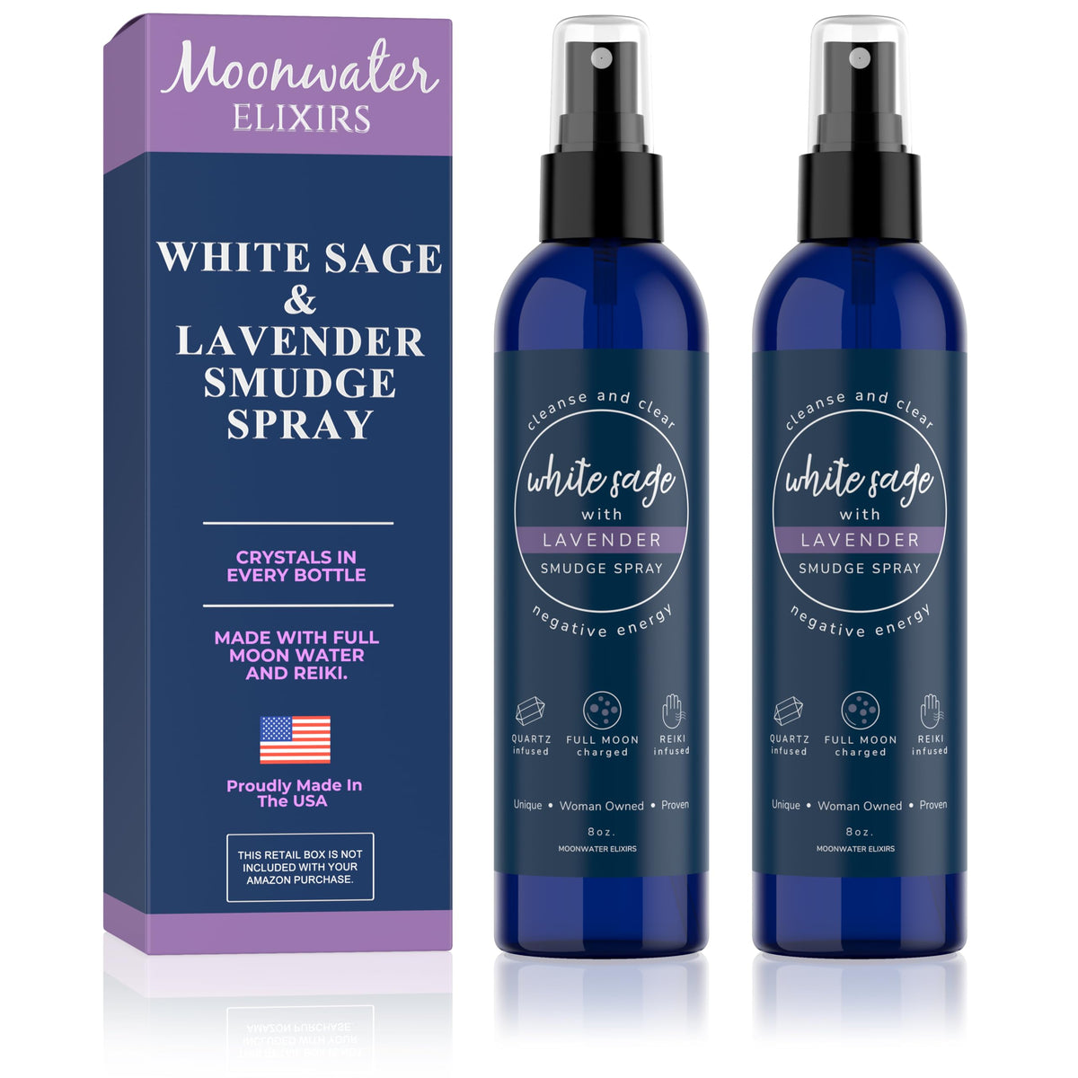 Moonwater White Sage Smudge Spray bottle with clear quartz crystals