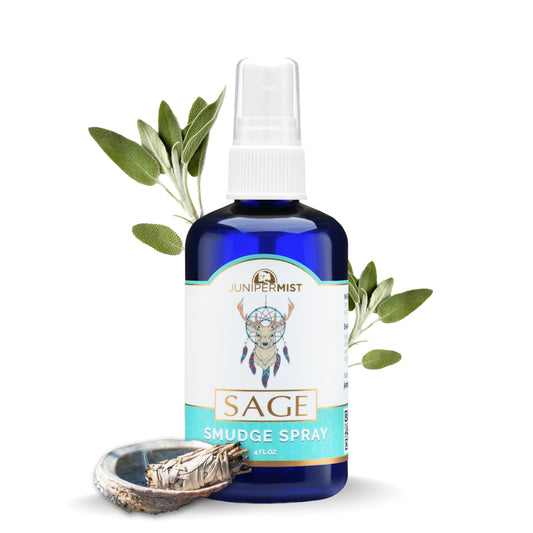 Front view of White Sage Smudge Spray 4oz bottle with packaging