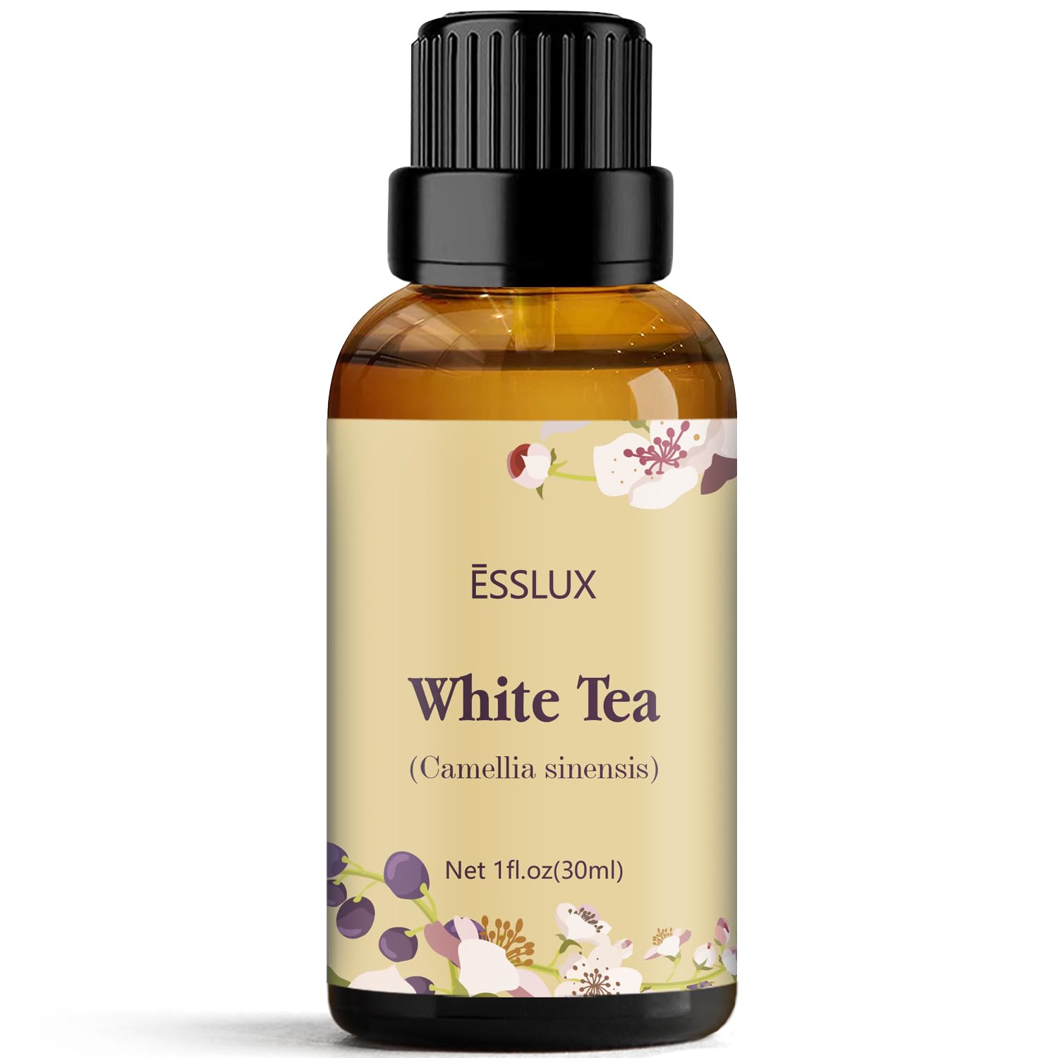 30 ml amber glass bottle of White Tea Essential Oil with dropper