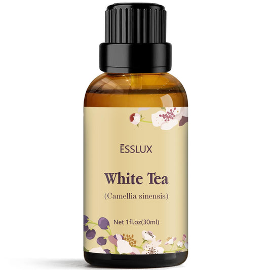 30 ml amber glass bottle of White Tea Essential Oil with dropper