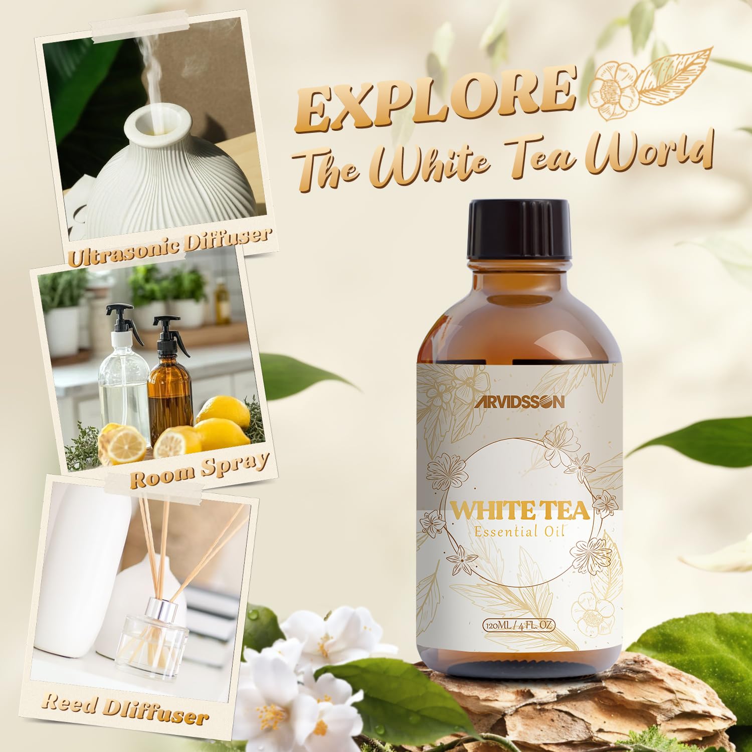 Premium packaging of White Tea essential oil bottle