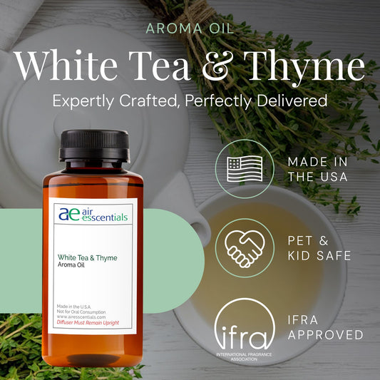 Close-up of White Tea & Thyme essential oil bottle label