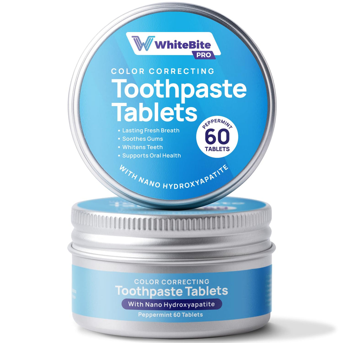 Whitebite Pro toothpaste tablets in refillable aluminum jar