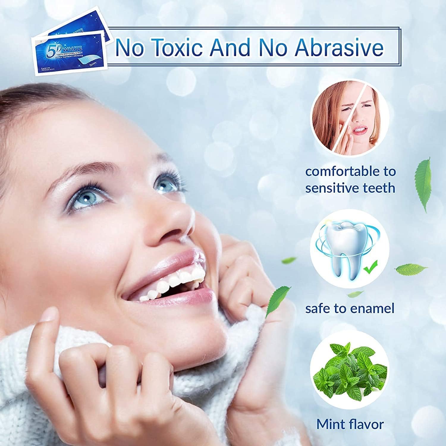 Hands applying whitening strips on teeth