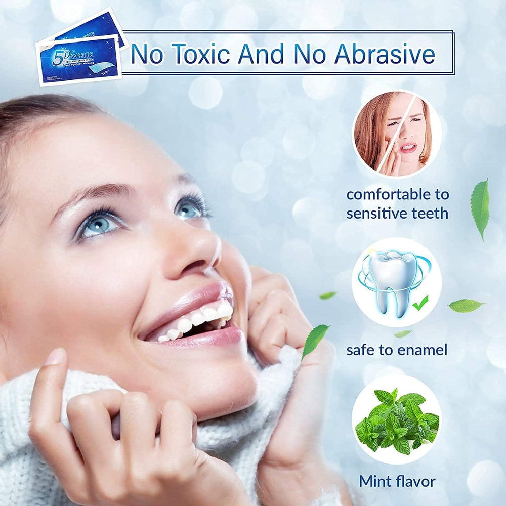Hands applying whitening strips on teeth