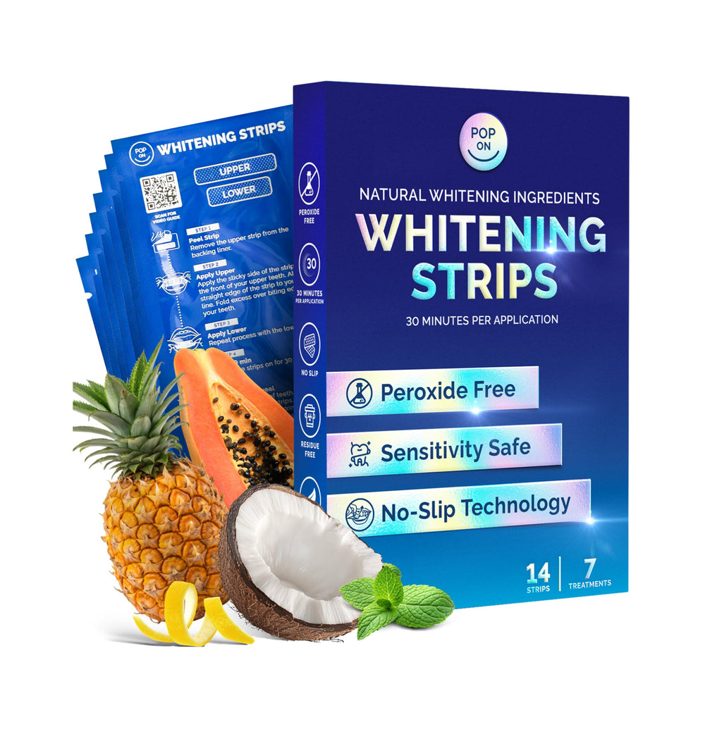Whitening strips for sensitive teeth packaging on white background