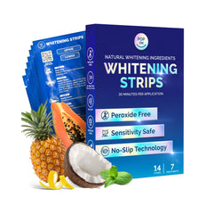 Whitening strips for sensitive teeth packaging on white background