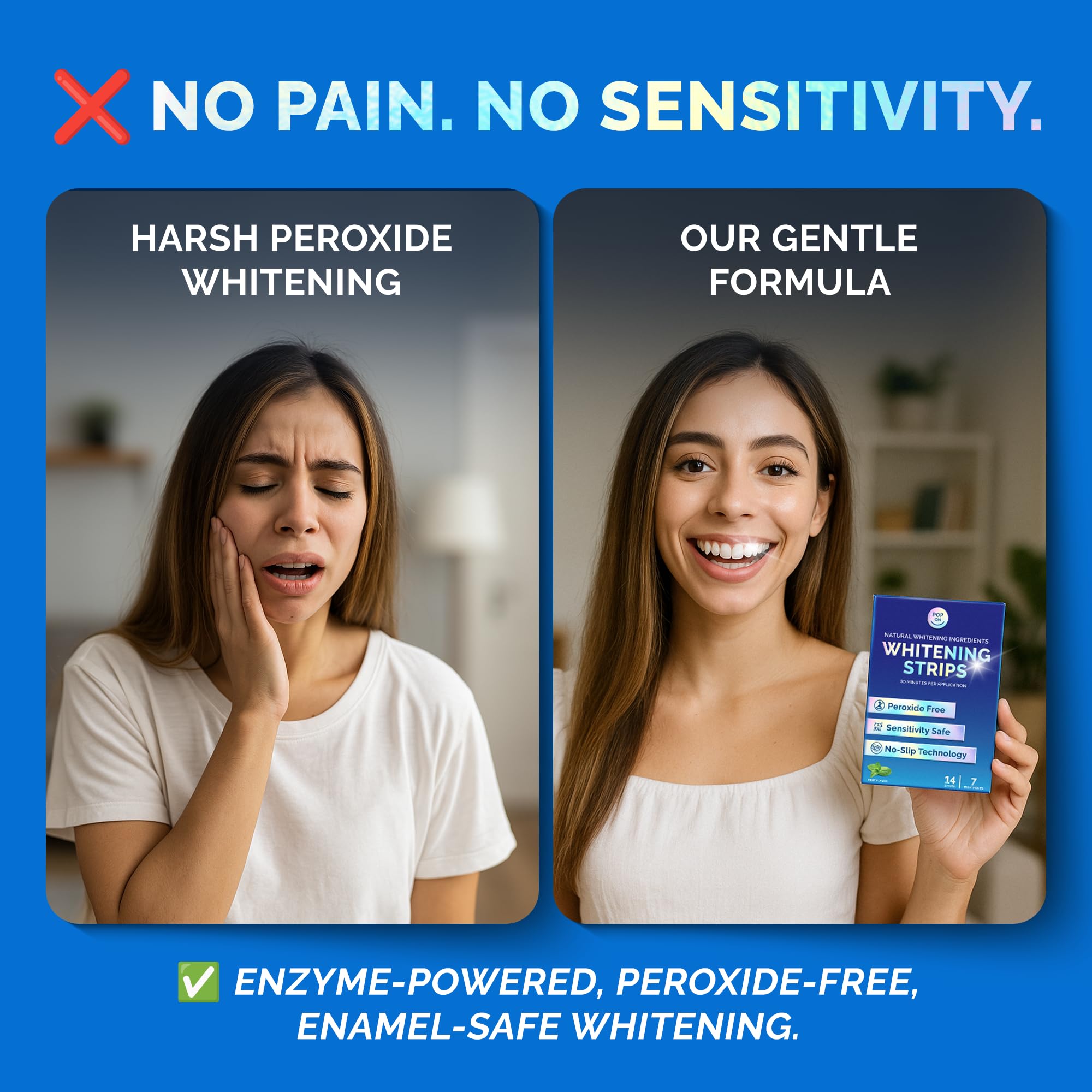 Enamel-safe peroxide-free whitening strips with papain & bromelain