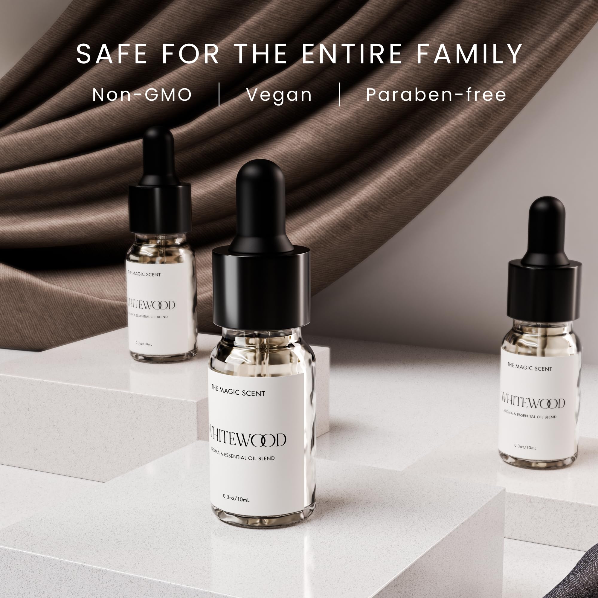 Close-up of Whitewood diffuser oil notes: leather, cardamom, lemon