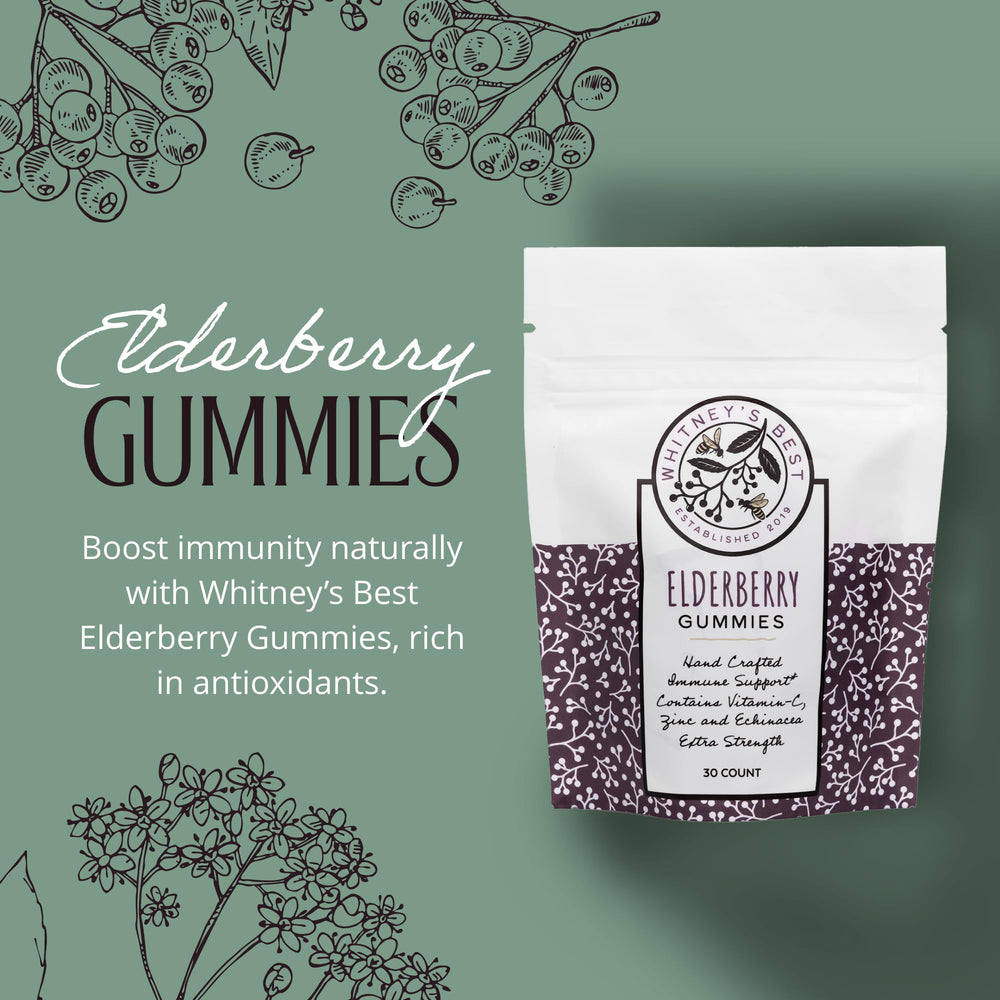 Ingredients panel featuring elderberry, vitamin C, zinc and echinacea