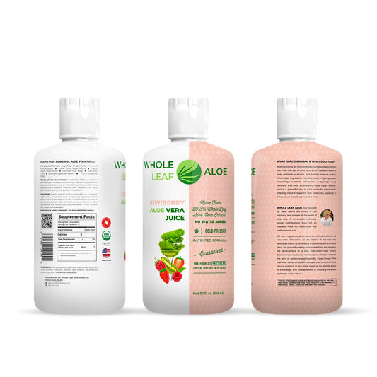 Label highlighting organic whole leaf aloe vera and kiwiberry
