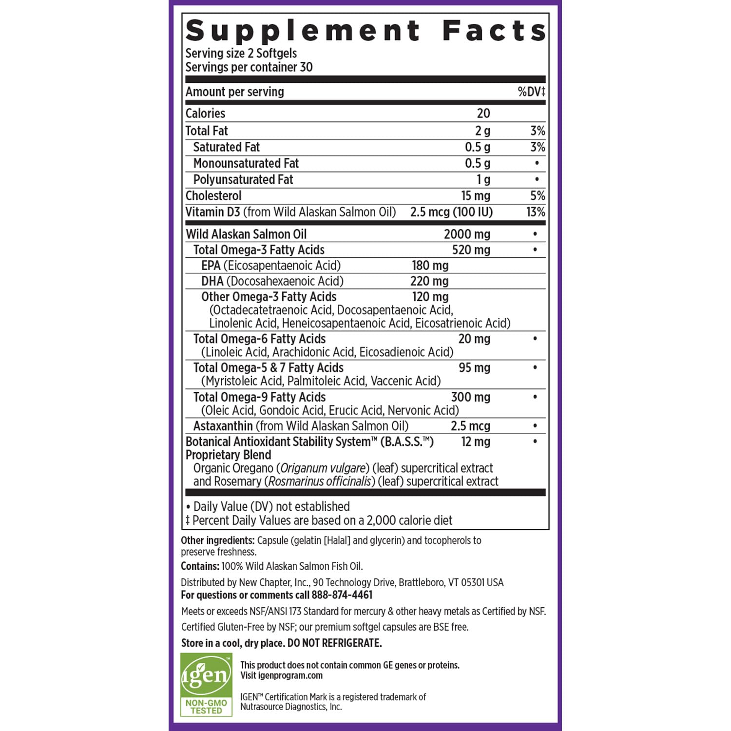 Close-up of Wholemega bottle highlighting 2000 mg per serving and 2 softgels