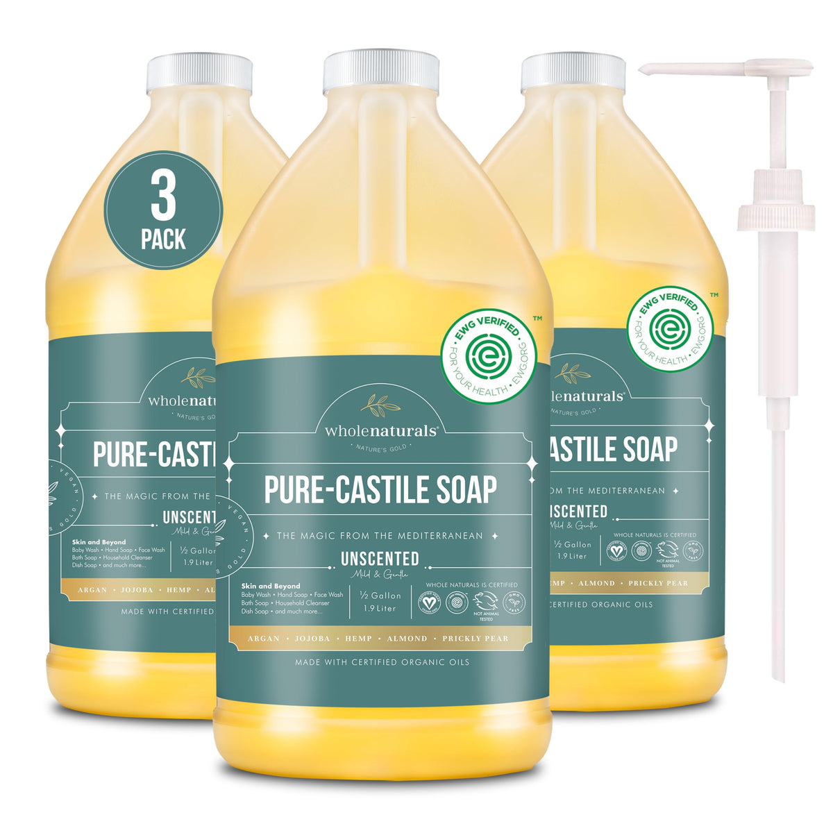 WHOLENATURALS Pure Castile Soap Liquid 3-Pack with Pump - Unscented, Palm Oil Free, Organic, Vegan