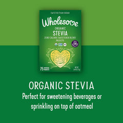 Wholesome Organic Stevia packaging with 75 packets display