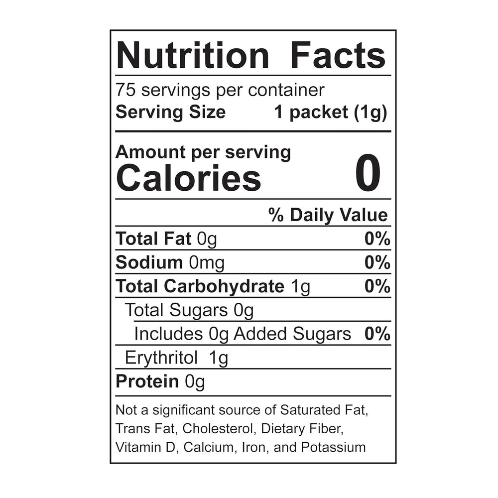 Nutrition panel and ingredients on Wholesome Stevia packet