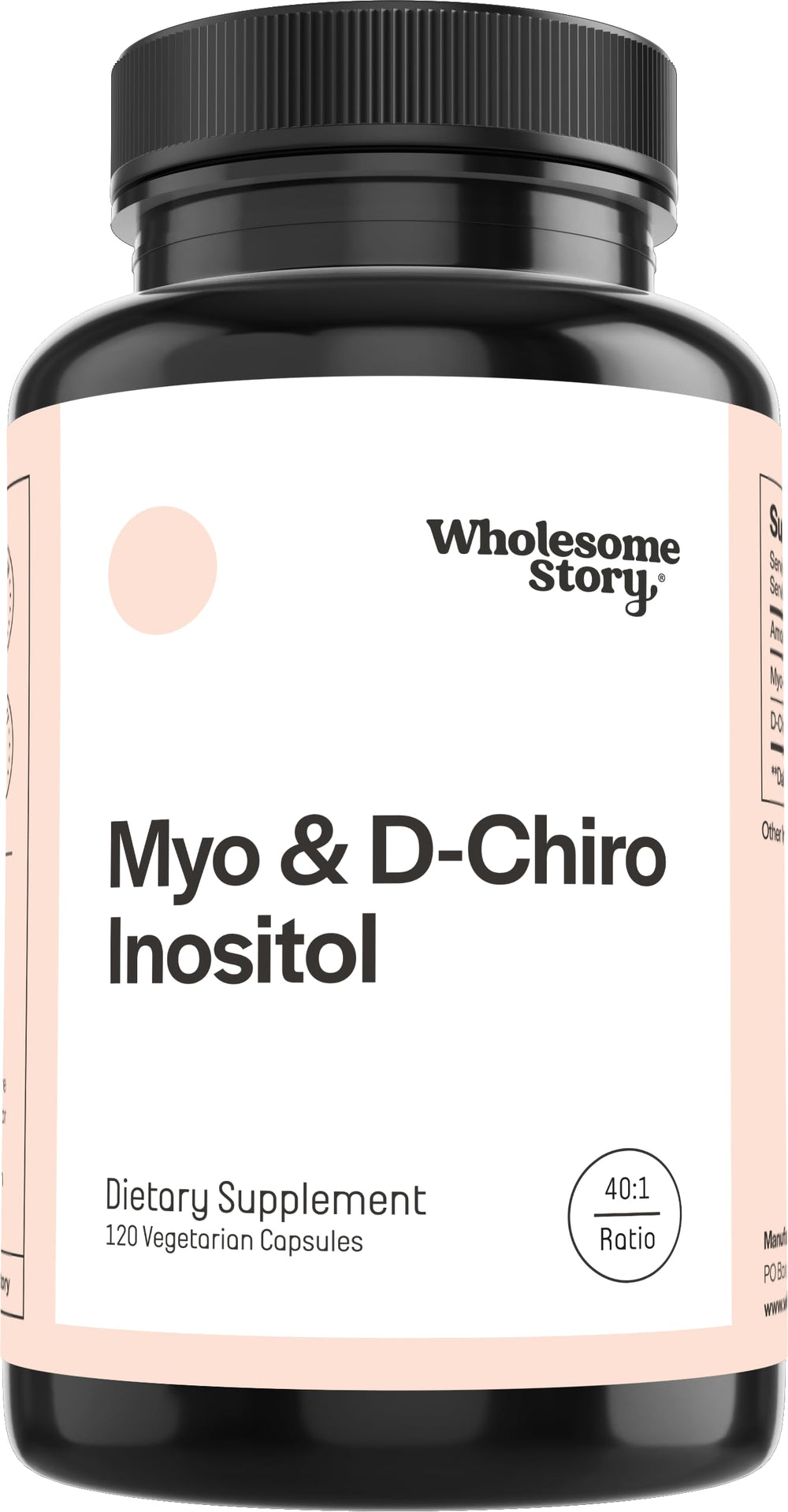 Front view of Wholesome Story Myo-Inositol & D-Chiro Inositol supplement bottle and label