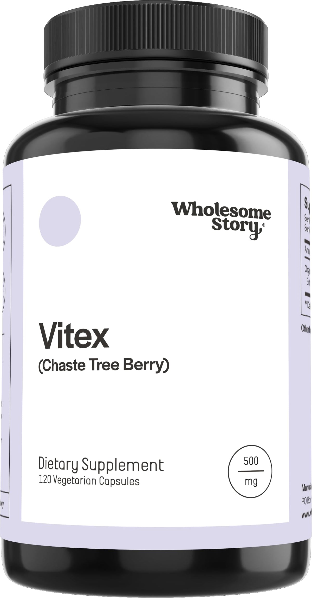 Wholesome Story Vitex chasteberry bottle cap with vegan capsules for daily hormone balance.
