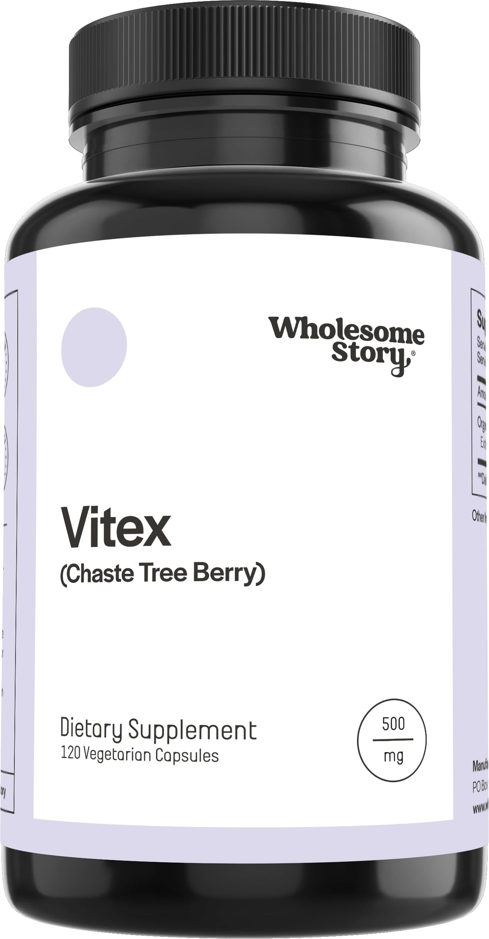 Wholesome Story Vitex chasteberry bottle cap with vegan capsules for daily hormone balance.