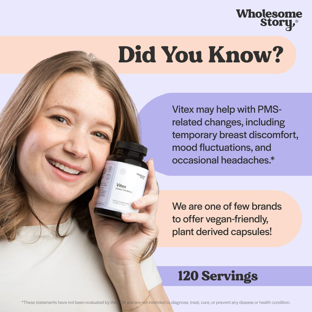 Wholesome Story Vitex chasteberry capsules pack highlighting vegan, plant-based wellness.