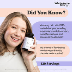 Wholesome Story Vitex chasteberry capsules pack highlighting vegan, plant-based wellness.