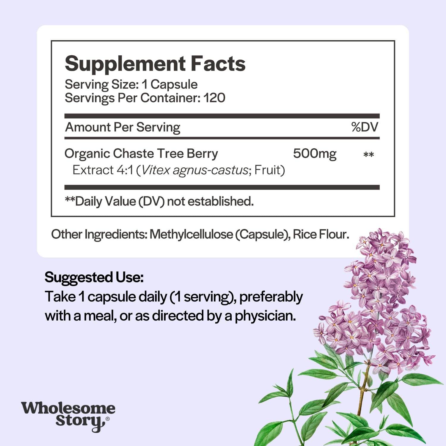 Wholesome Story Vitex chasteberry label shows 500 mg extract per capsule for balance.