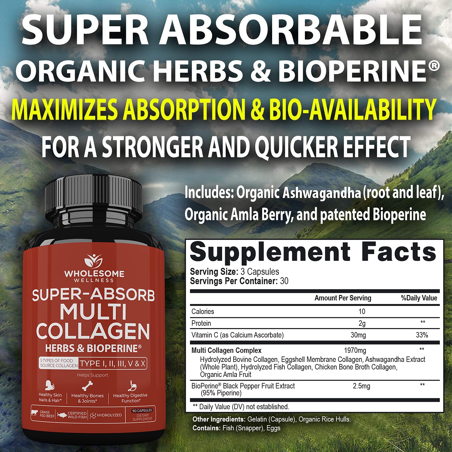 Close-up of product bottle label showing 5 collagen types I-V-X