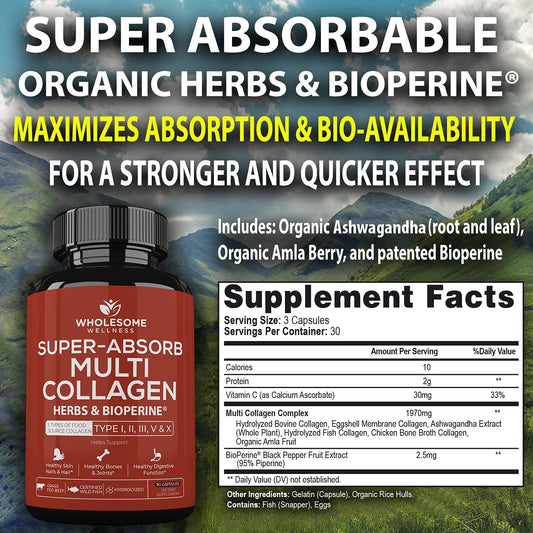 Close-up of product bottle label showing 5 collagen types I-V-X