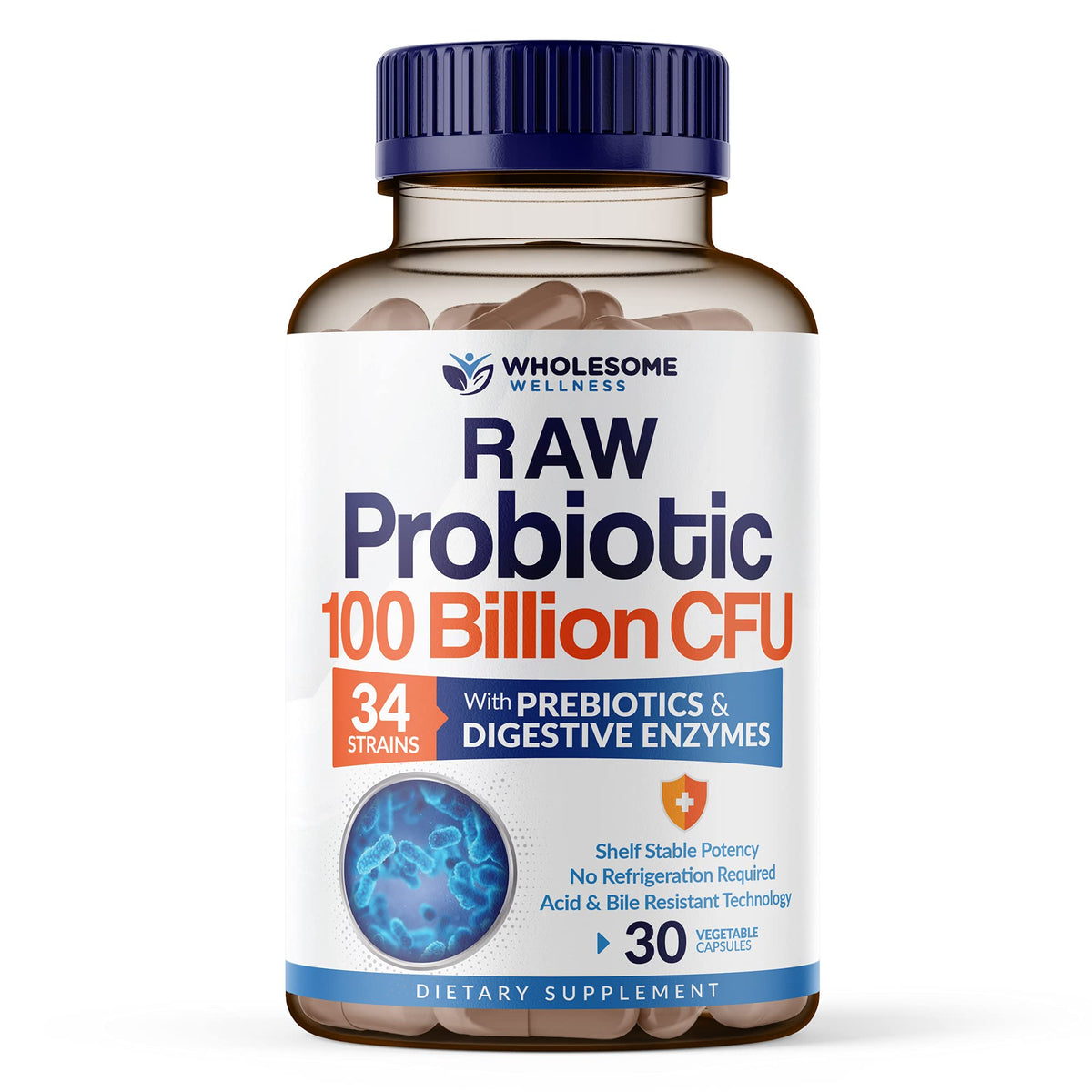 Wholesome Wellness probiotics bottle with 30 capsules