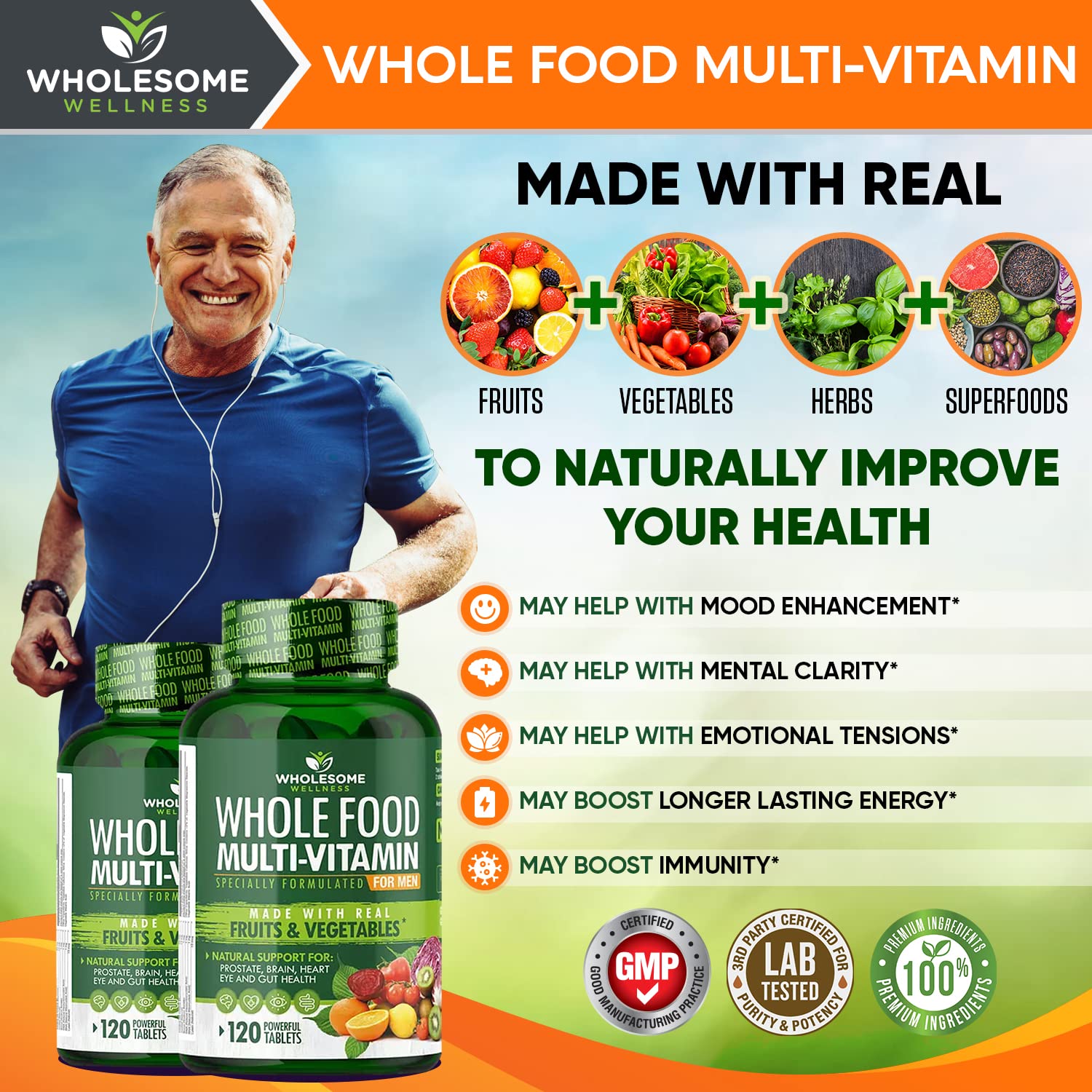 Close-up of natural fruit and vegetable ingredients in Wholesome Wellness formula for men.
