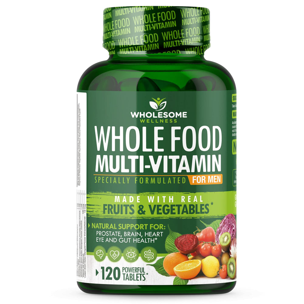 Wholesome Wellness multivitamin for men, bottle and tablets for daily energy support.