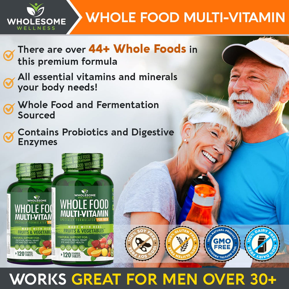 Wholesome Wellness multivitamin for men with vegan D3 and B12 from fermented sources.