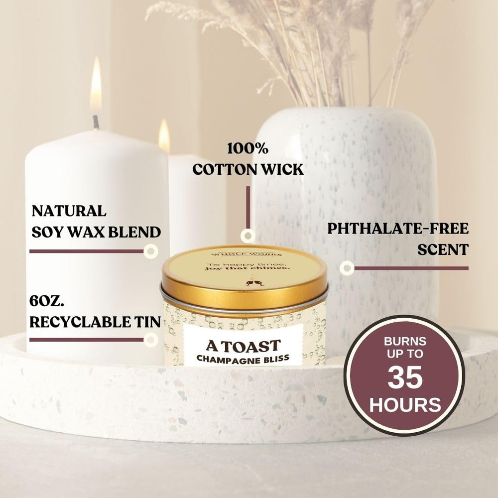 Whole Works Champagne Toast Candle ambient-glow captures mood for dinner parties and intimate evenings.