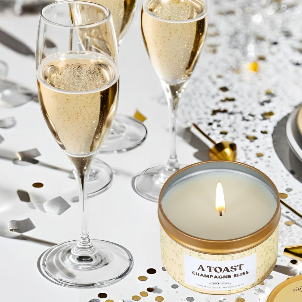 Whole Works Champagne Toast Candle burn-time view demonstrates 35-hour ambiance and steady glow.