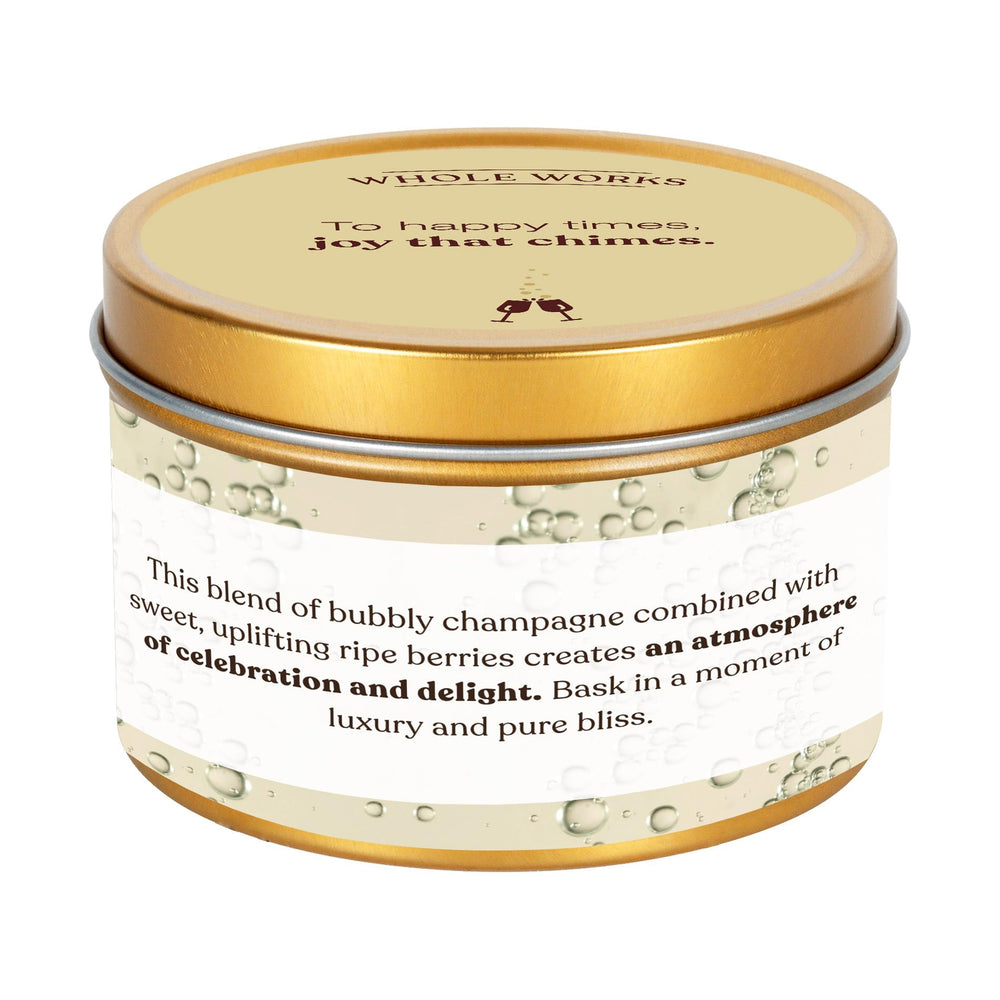 Whole Works Champagne Toast Candle eco-friendly-wax highlight sustainable, paraffin-free option for responsible gifting.